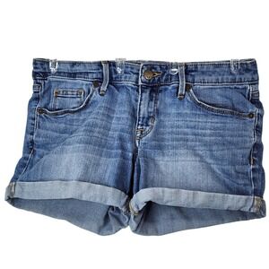 Mossimo Mid Rise Midi Denim Shorts Blue Cuffed Distressed Size 4/27